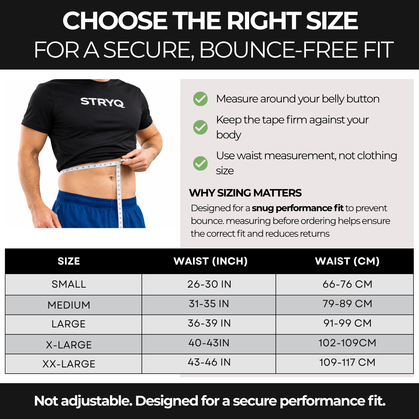 Sizing chart for Stryq running belt with measurement instructions and size chart.