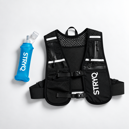 STRYQ black hydration running vest with 6 pockets and 500ml flask holder