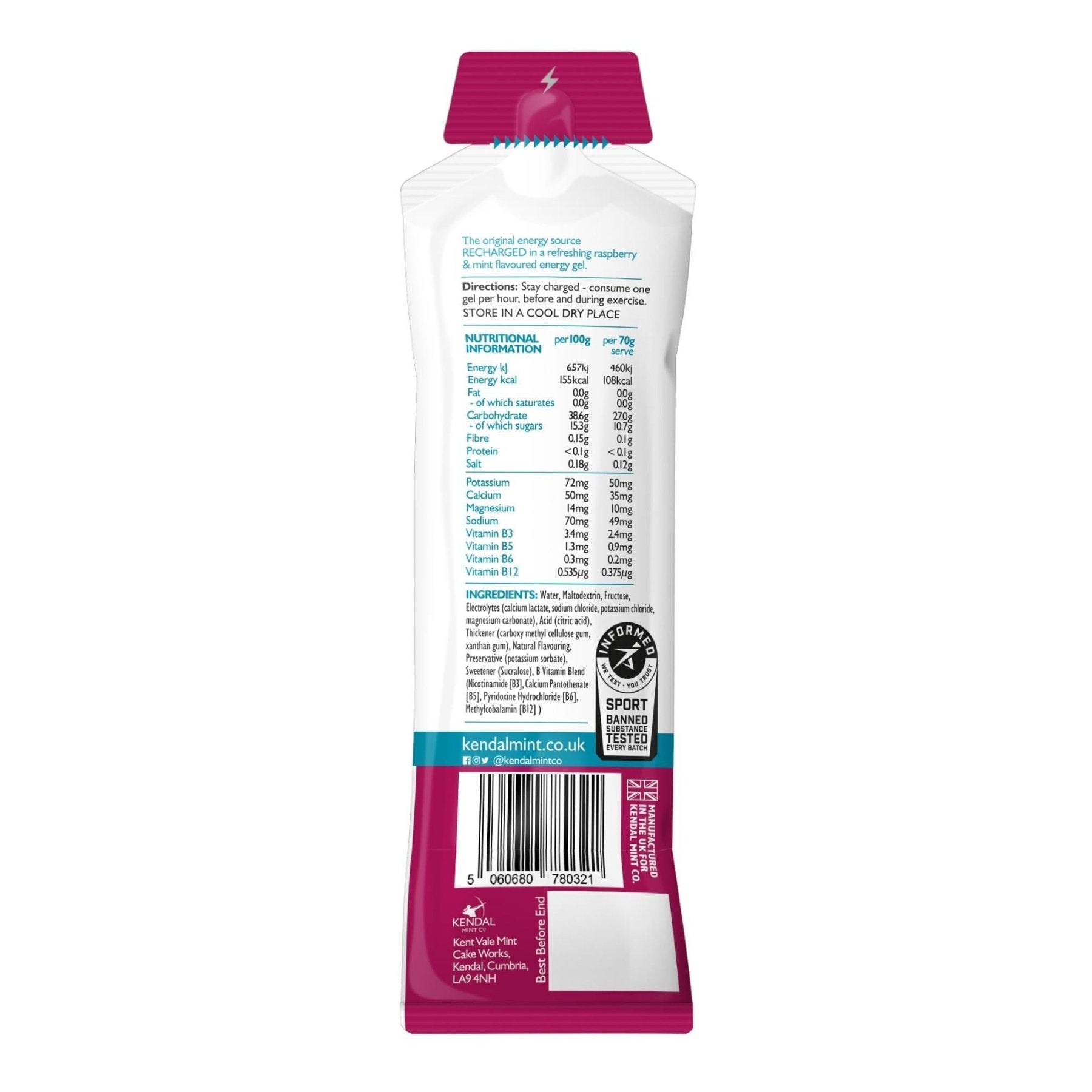 Kendal Mint Co Running Gel Raspberry & Mint Energy Gel 70g - STRYQ