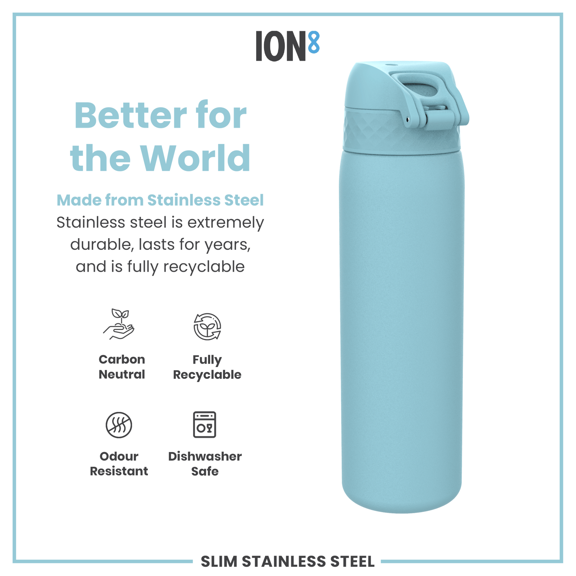 Leak Proof Slim Water Bottle, Stainless Steel, Alaskan Blue, 600ml (20oz) - STRYQ