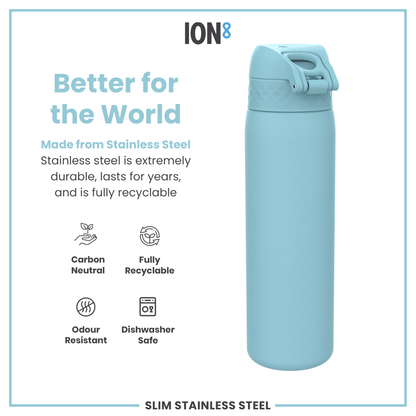 Leak Proof Slim Water Bottle, Stainless Steel, Alaskan Blue, 600ml (20oz) - STRYQ