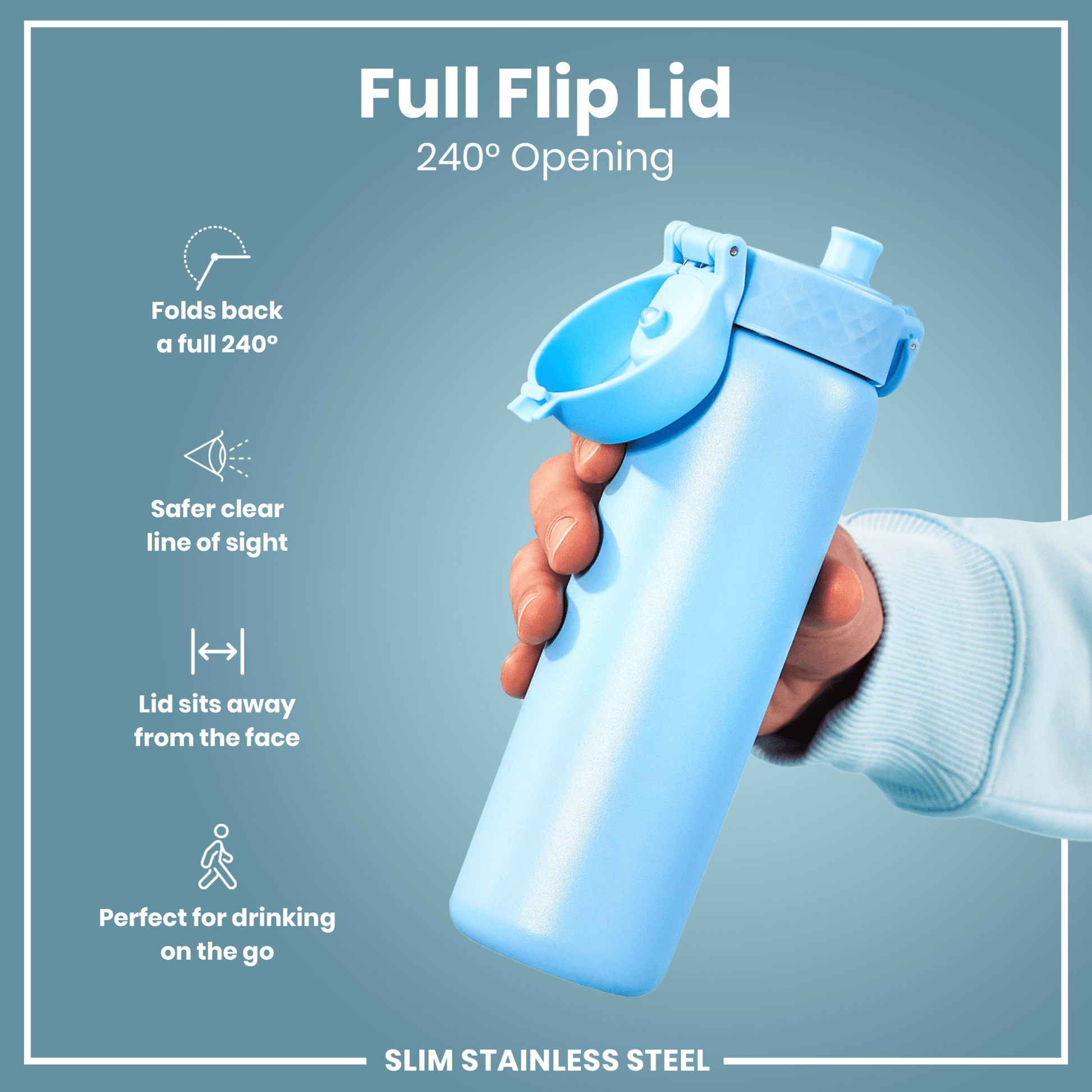 Leak Proof Slim Water Bottle, Stainless Steel, Alaskan Blue, 600ml (20oz) - STRYQ