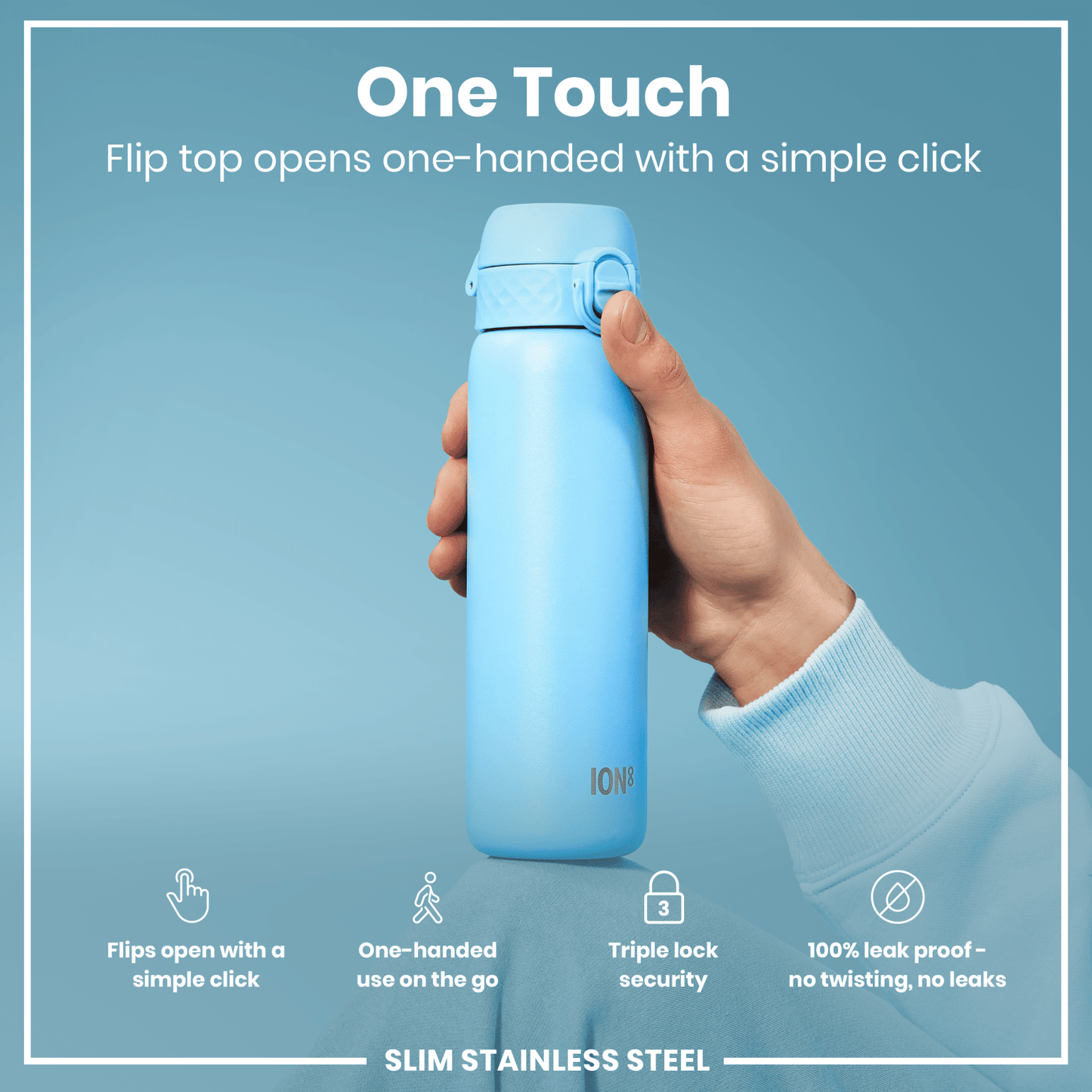 Leak Proof Slim Water Bottle, Stainless Steel, Alaskan Blue, 600ml (20oz) - STRYQ