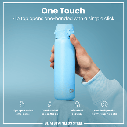 Leak Proof Slim Water Bottle, Stainless Steel, Alaskan Blue, 600ml (20oz) - STRYQ