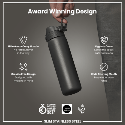 Leak Proof Slim Water Bottle, Stainless Steel, Grey, 600ml (20oz) - STRYQ