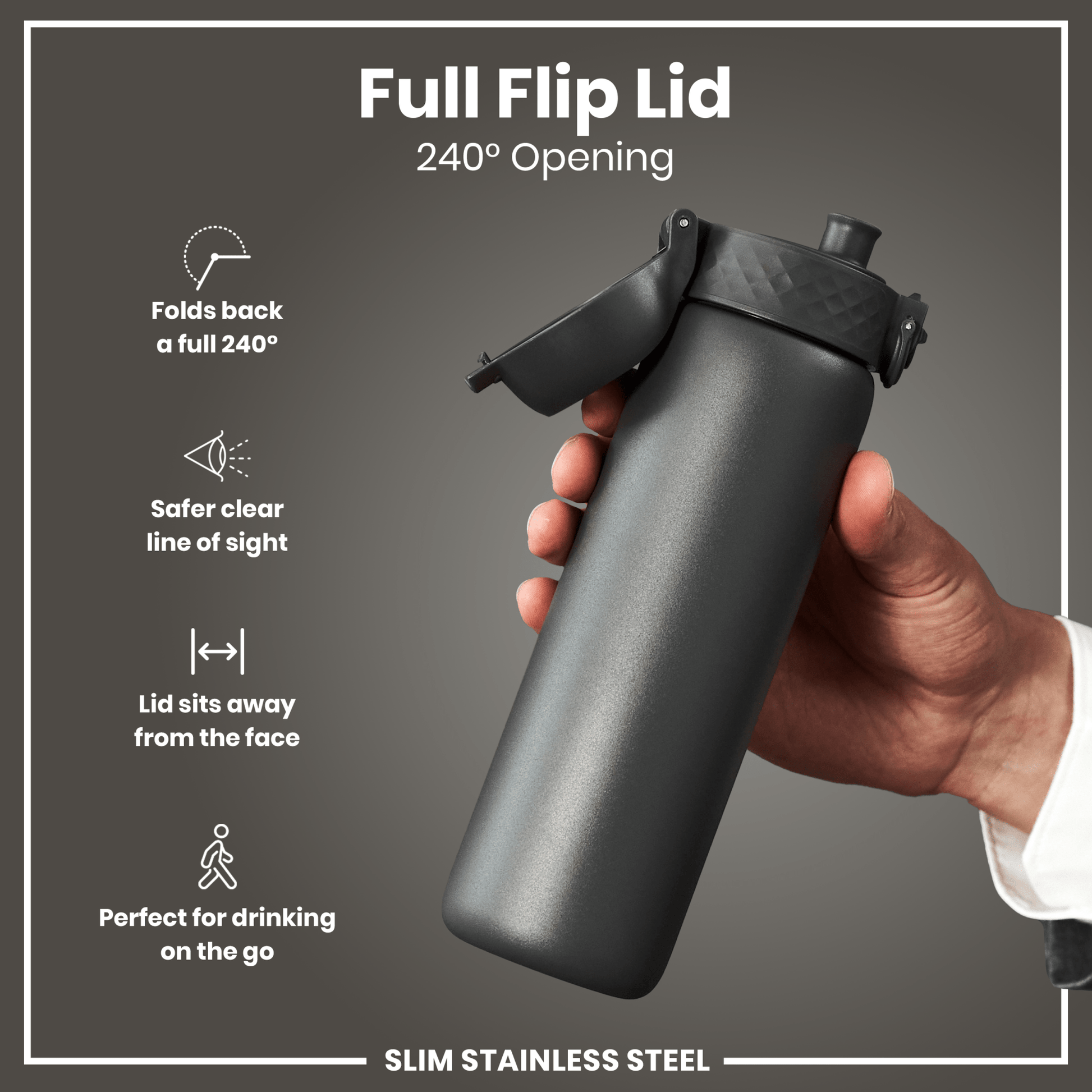 Leak Proof Slim Water Bottle, Stainless Steel, Grey, 600ml (20oz) - STRYQ