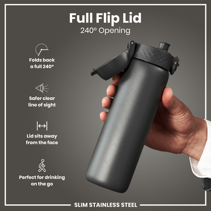 Leak Proof Slim Water Bottle, Stainless Steel, Grey, 600ml (20oz) - STRYQ