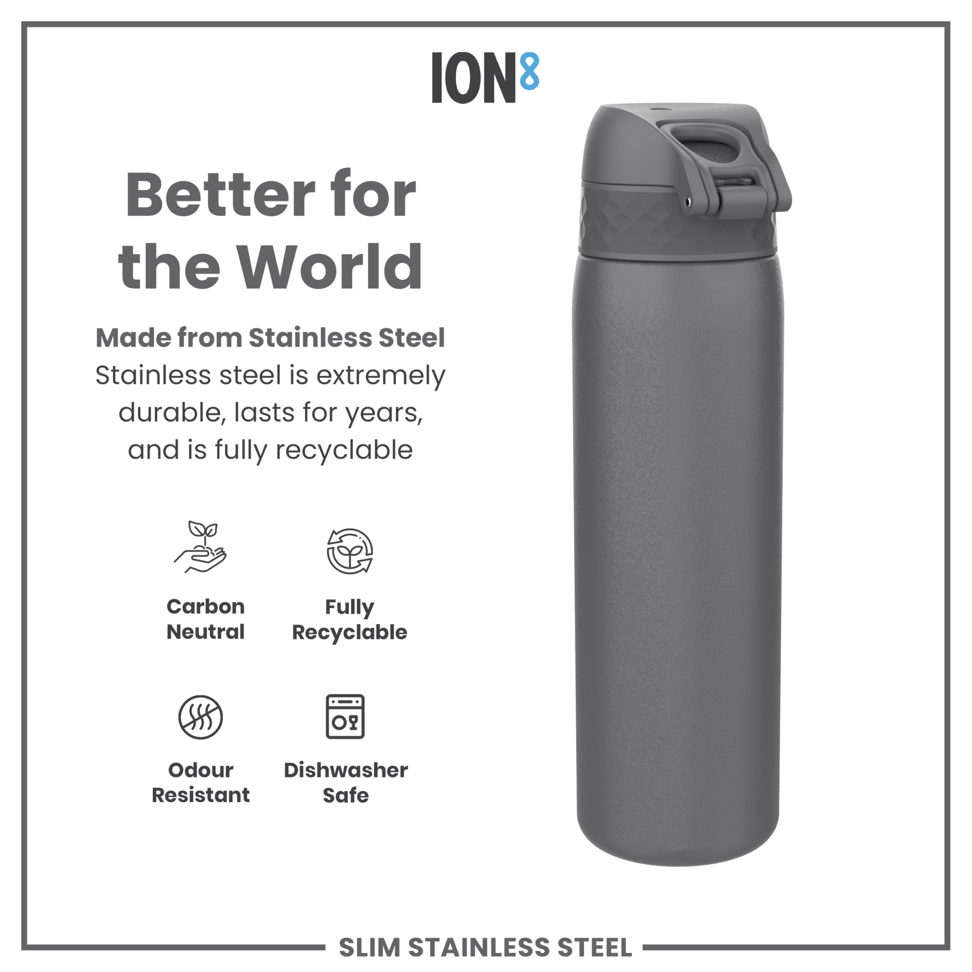 Leak Proof Slim Water Bottle, Stainless Steel, Grey, 600ml (20oz) - STRYQ