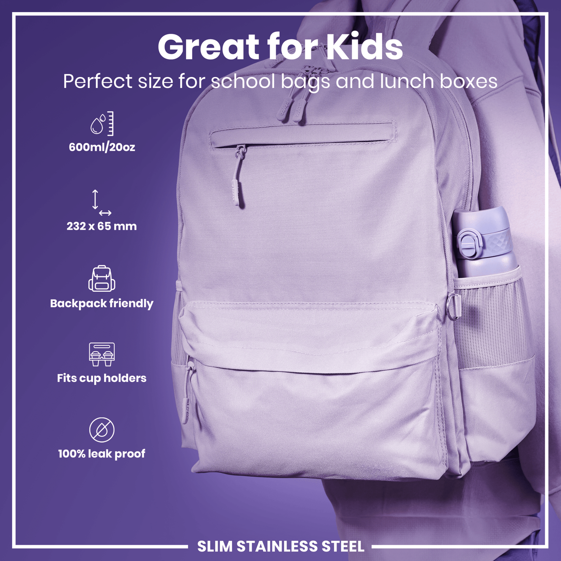 Leak Proof Slim Water Bottle, Stainless Steel, Light Purple, 600ml (20oz) - STRYQ