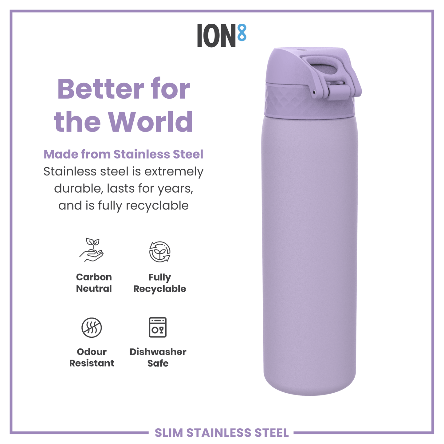 Leak Proof Slim Water Bottle, Stainless Steel, Light Purple, 600ml (20oz) - STRYQ