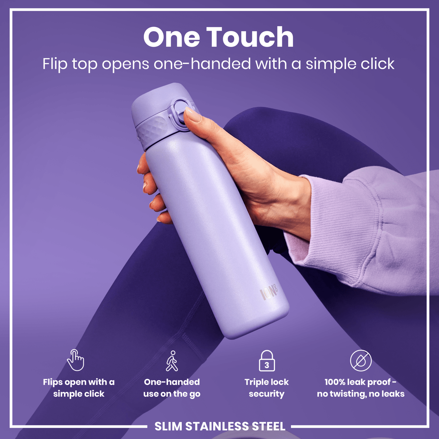 Leak Proof Slim Water Bottle, Stainless Steel, Light Purple, 600ml (20oz) - STRYQ