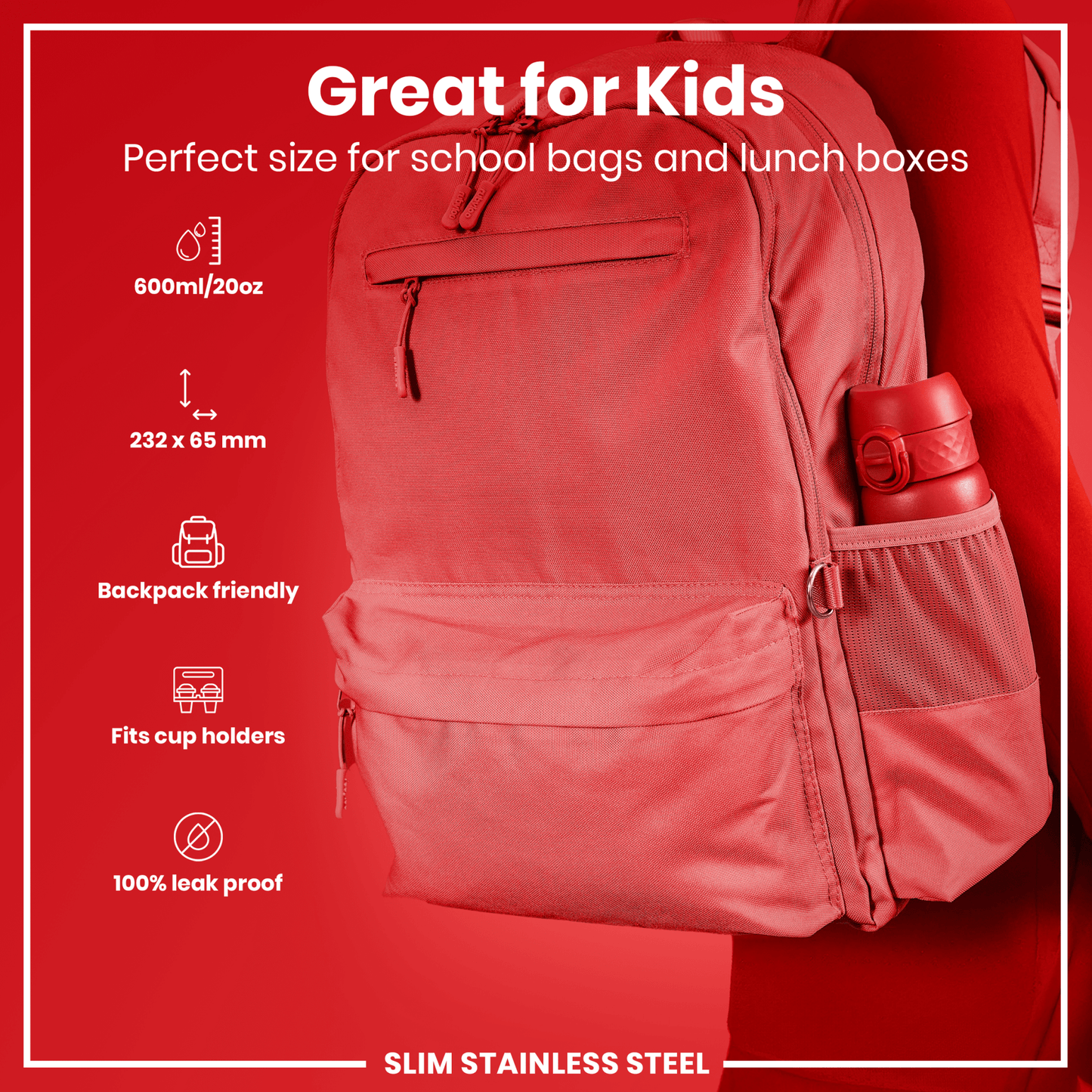 Leak Proof Slim Water Bottle, Stainless Steel, Red, 600ml (20oz) - STRYQ