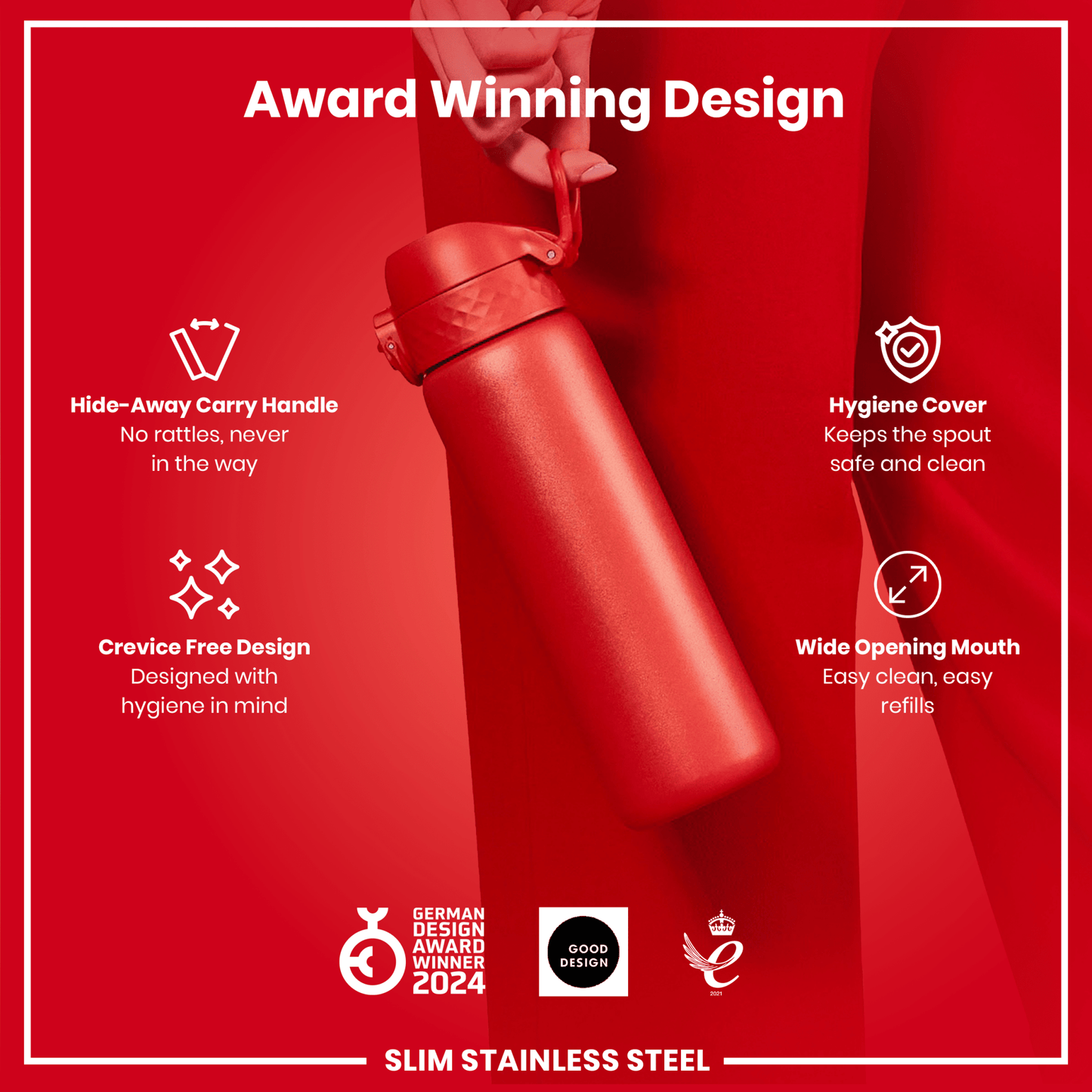 Leak Proof Slim Water Bottle, Stainless Steel, Red, 600ml (20oz) - STRYQ