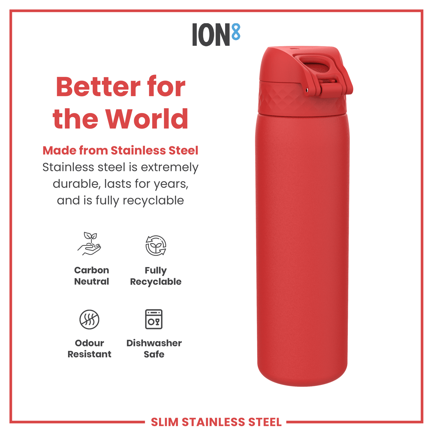 Leak Proof Slim Water Bottle, Stainless Steel, Red, 600ml (20oz) - STRYQ
