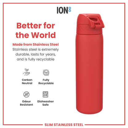 Leak Proof Slim Water Bottle, Stainless Steel, Red, 600ml (20oz) - STRYQ