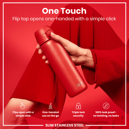 Leak Proof Slim Water Bottle, Stainless Steel, Red, 600ml (20oz) - STRYQ