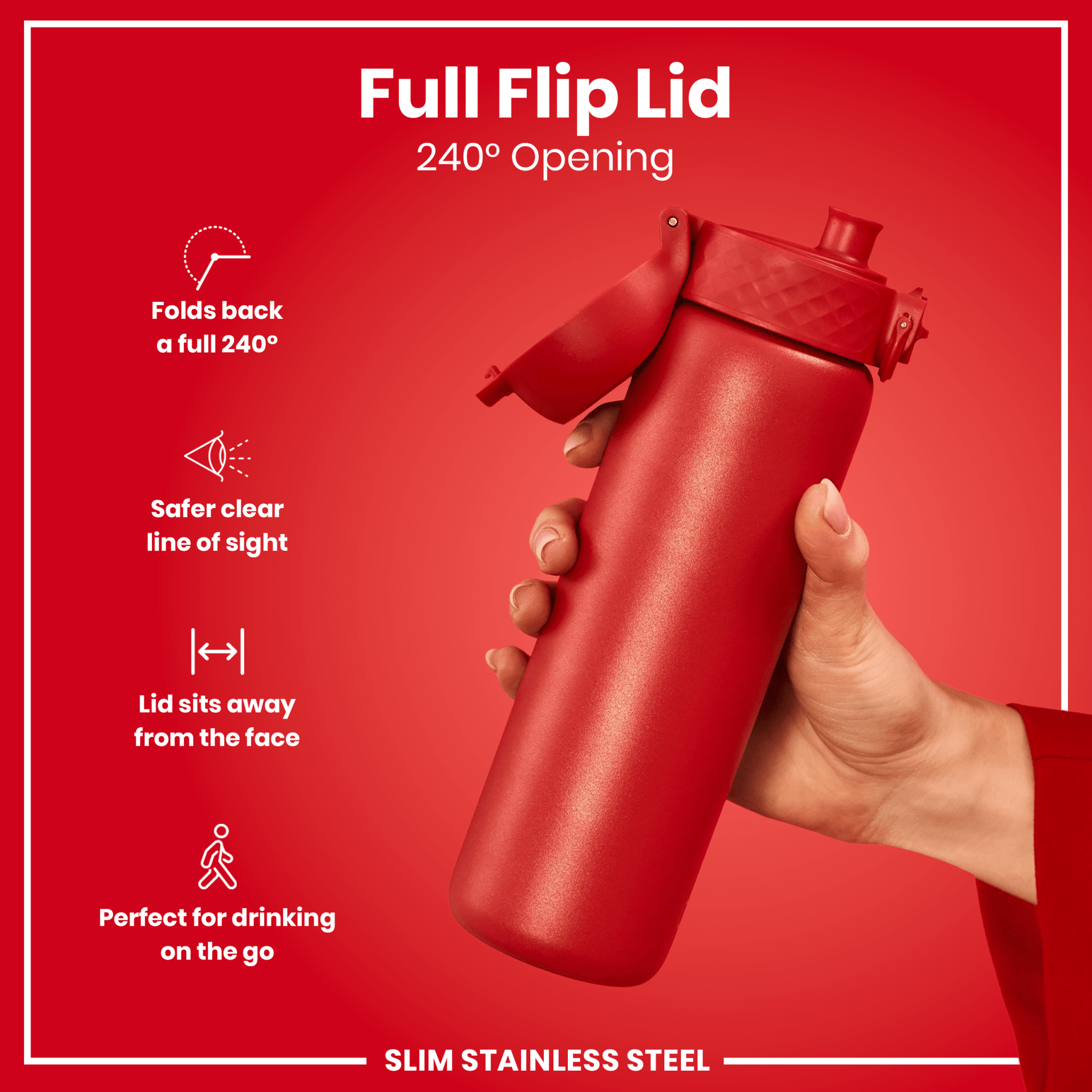 Leak Proof Slim Water Bottle, Stainless Steel, Red, 600ml (20oz) - STRYQ