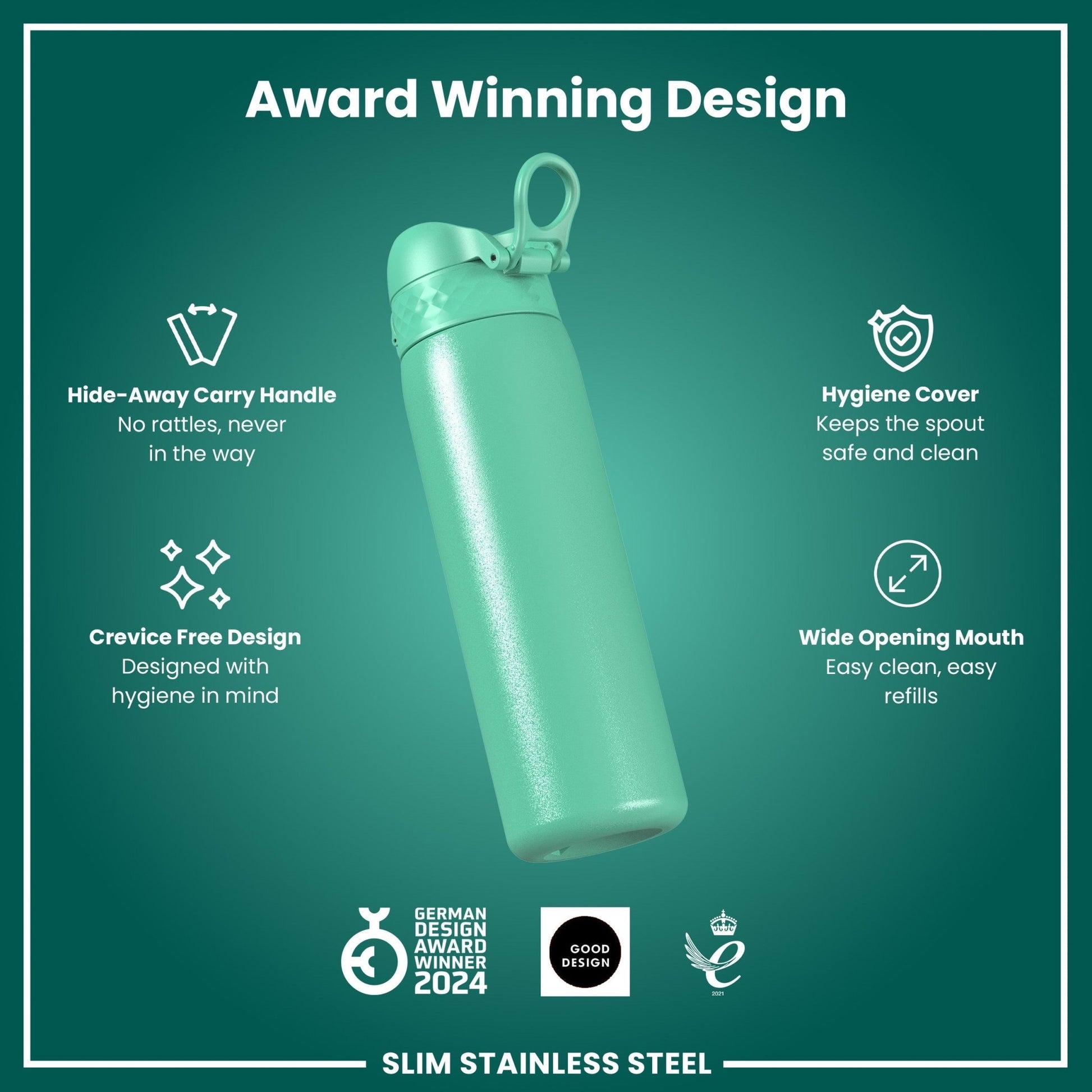 Leak Proof Slim Water Bottle, Stainless Steel, Teal, 600ml (20oz) - STRYQ