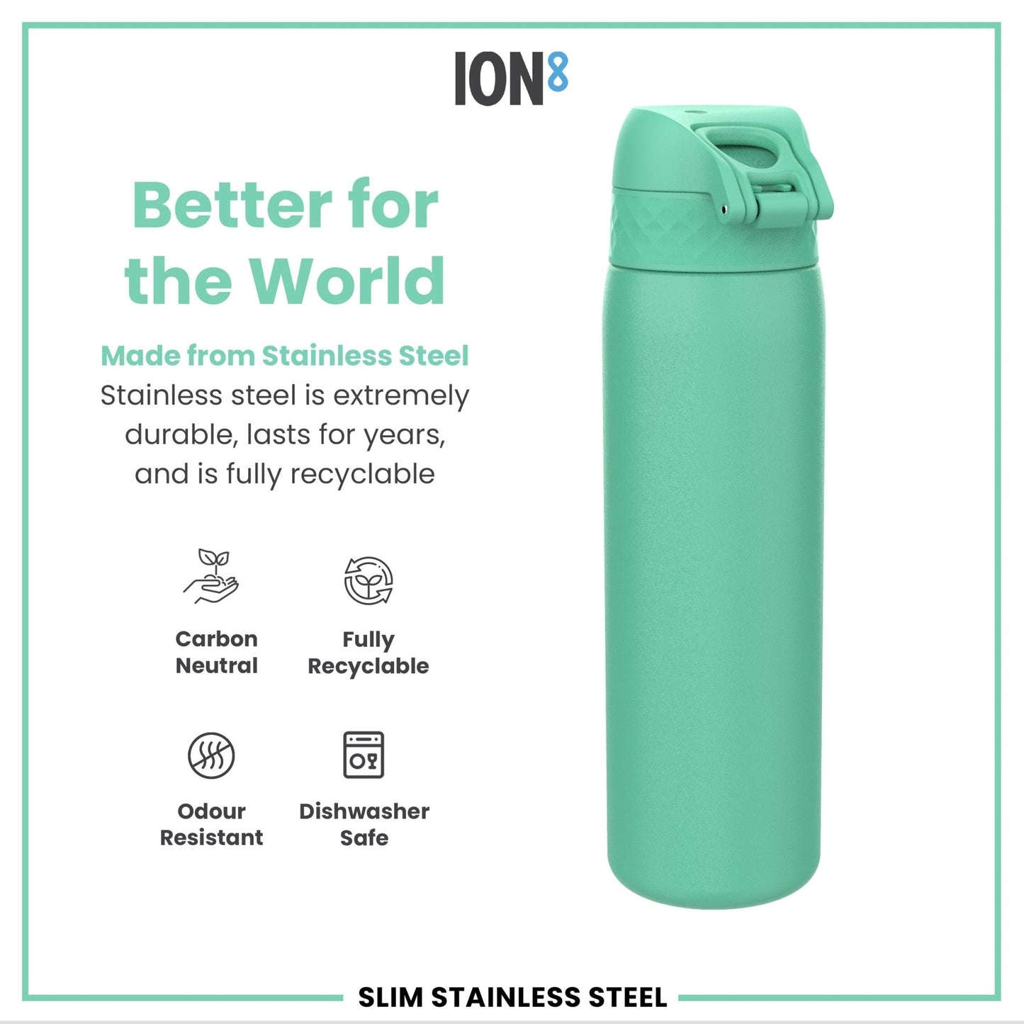 Leak Proof Slim Water Bottle, Stainless Steel, Teal, 600ml (20oz) - STRYQ
