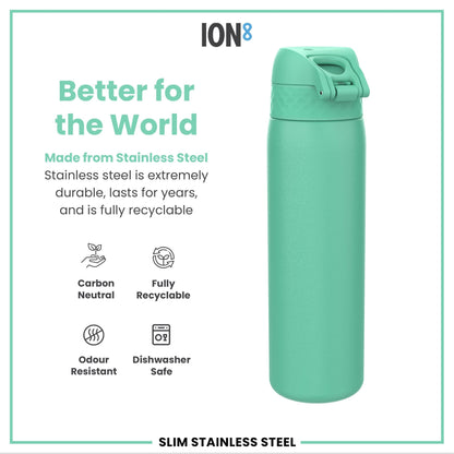 Leak Proof Slim Water Bottle, Stainless Steel, Teal, 600ml (20oz) - STRYQ