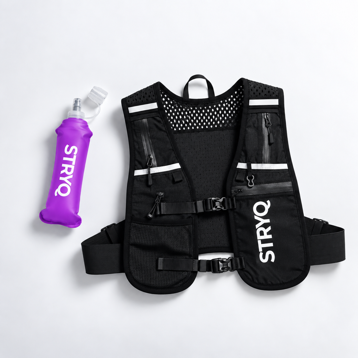 STRYQ black hydration running vest with 6 pockets and 500ml flask holder