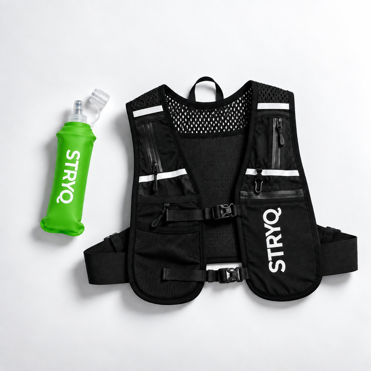 STRYQ black hydration running vest with 6 pockets and 500ml flask holder
