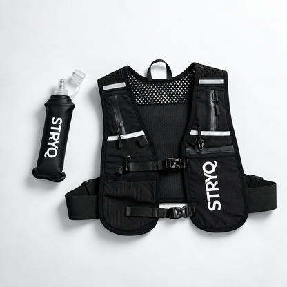 STRYQ black hydration running vest with 6 pockets and 500ml flask holder