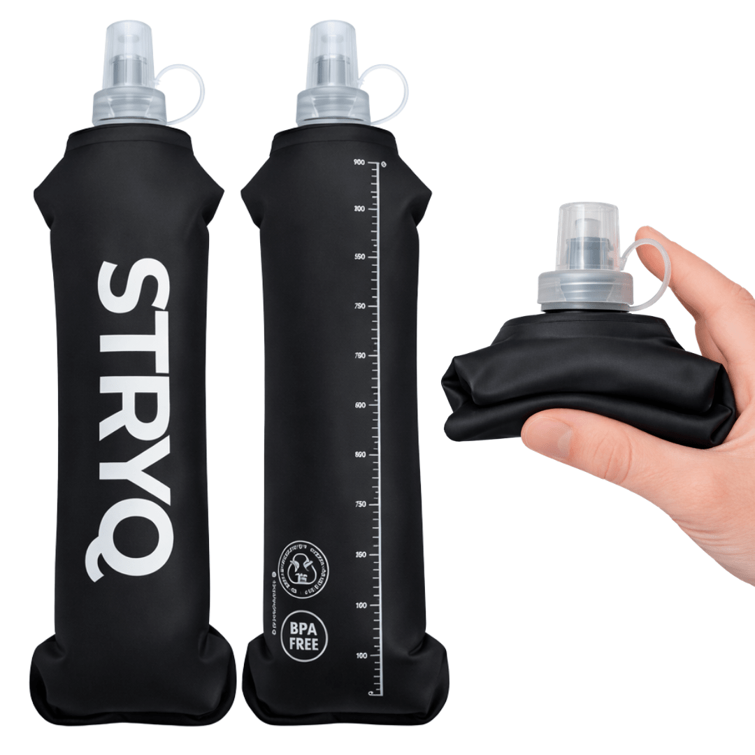 STRYQ black 500ml soft flask collapsed in hand for running