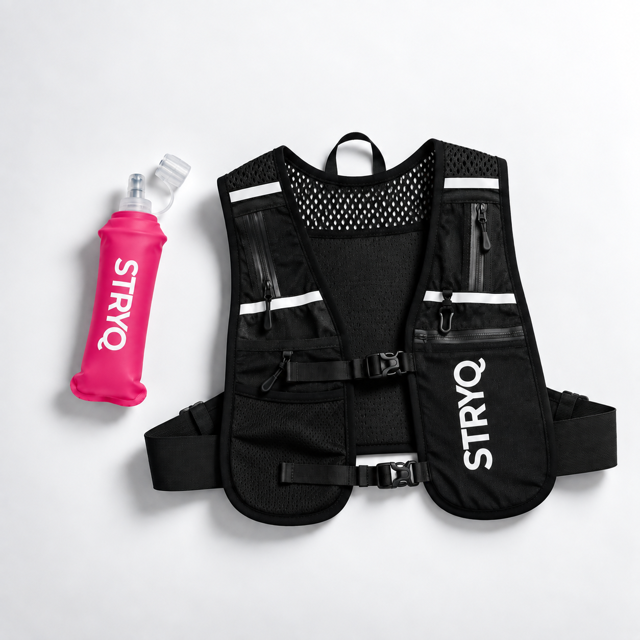 STRYQ black hydration running vest with 6 pockets and 500ml flask holder